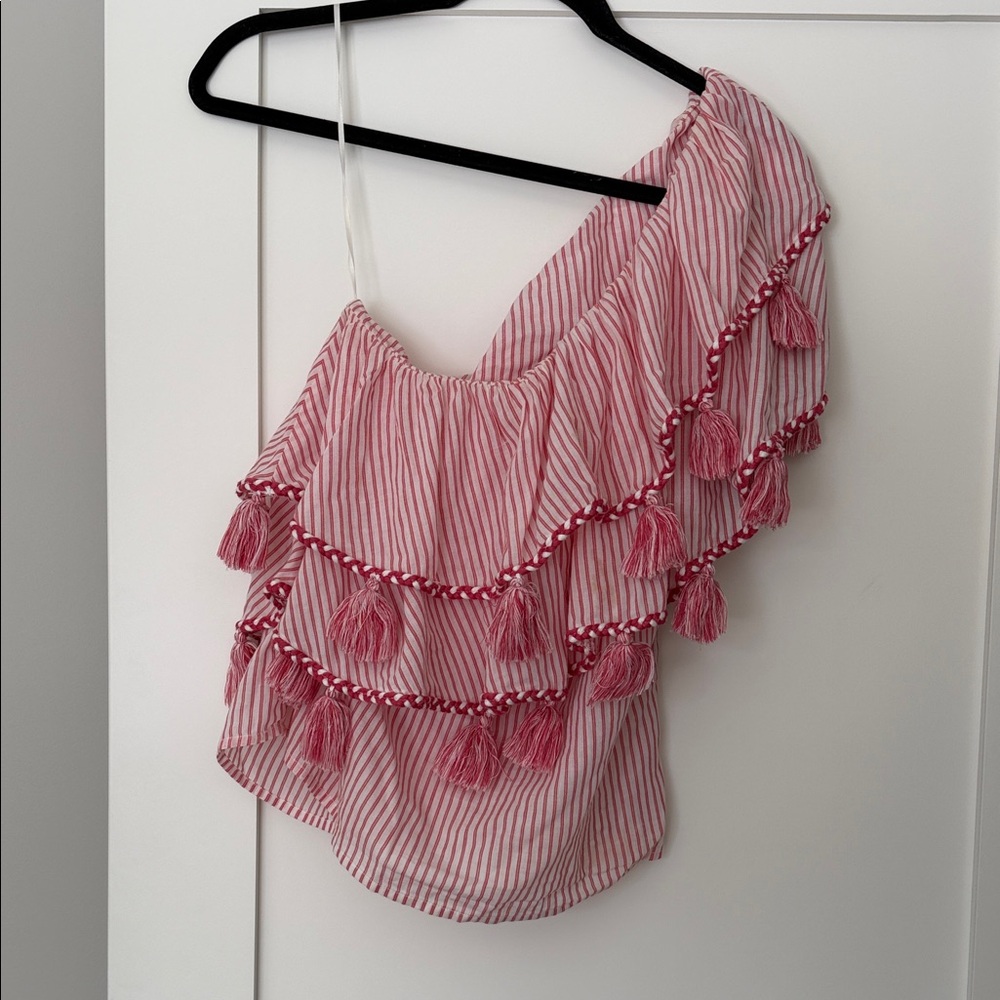 Misa Los Angeles Pink and White Striped One-Shoulder Blouse
